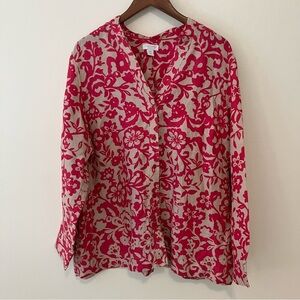 Womens 18W Linen Floral Button Down Shirt Long Sleeve Tab Pink Charter Club